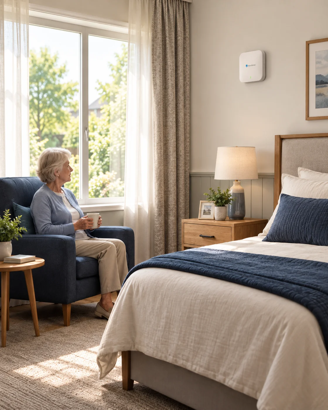Illustrative private resident room with a woman seated by a window and a discreet sensor on the wall.